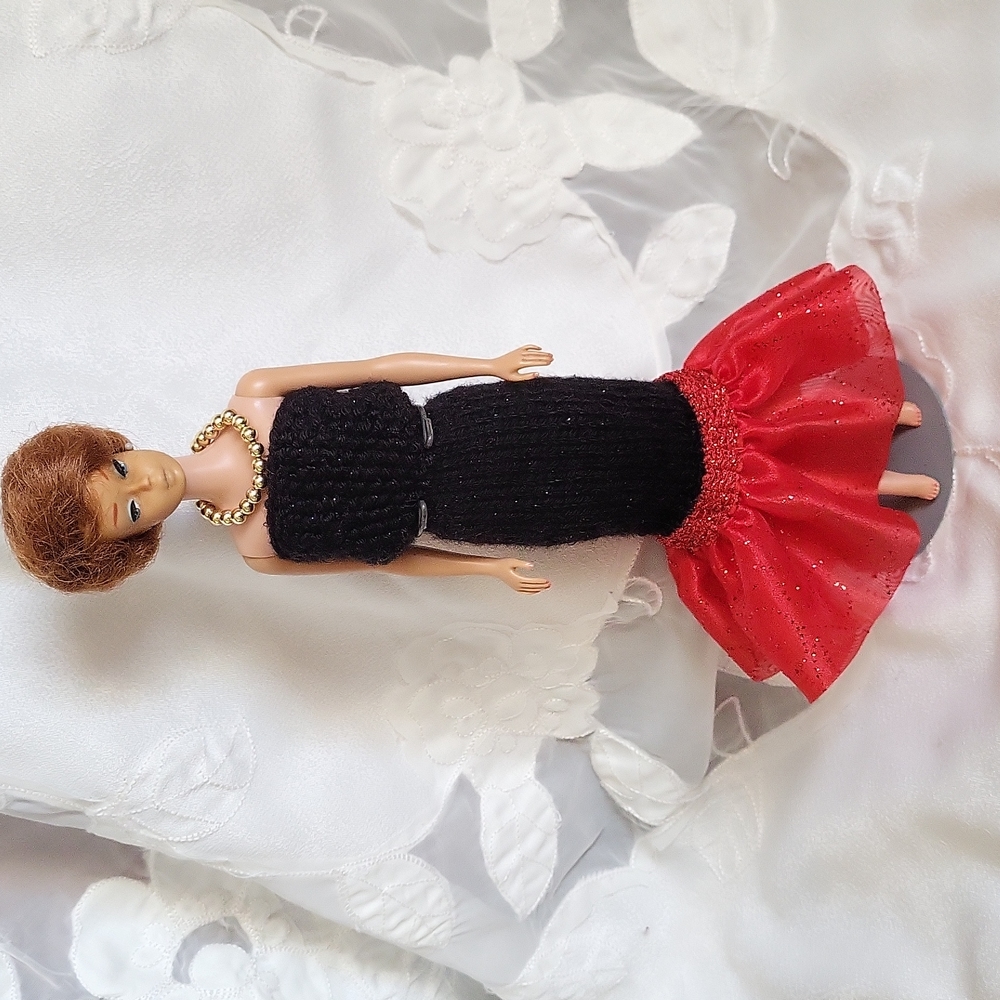Hand Knit Barbie Doll Black Evening Dress and gold necklace